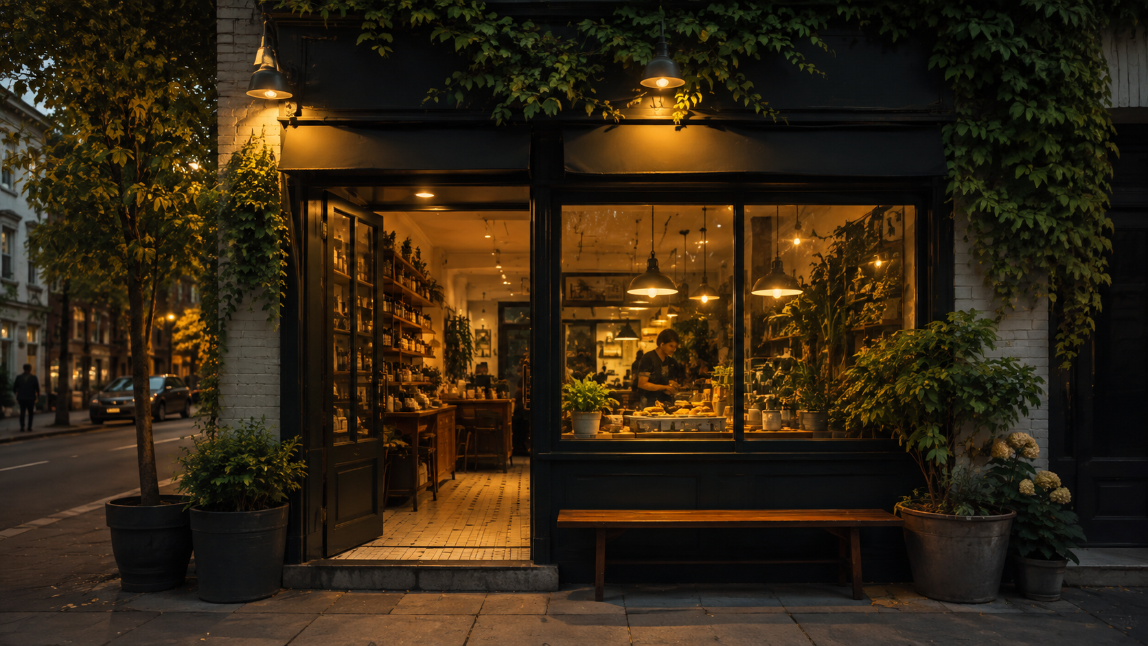A small independent business at dusk, warm light through the windows